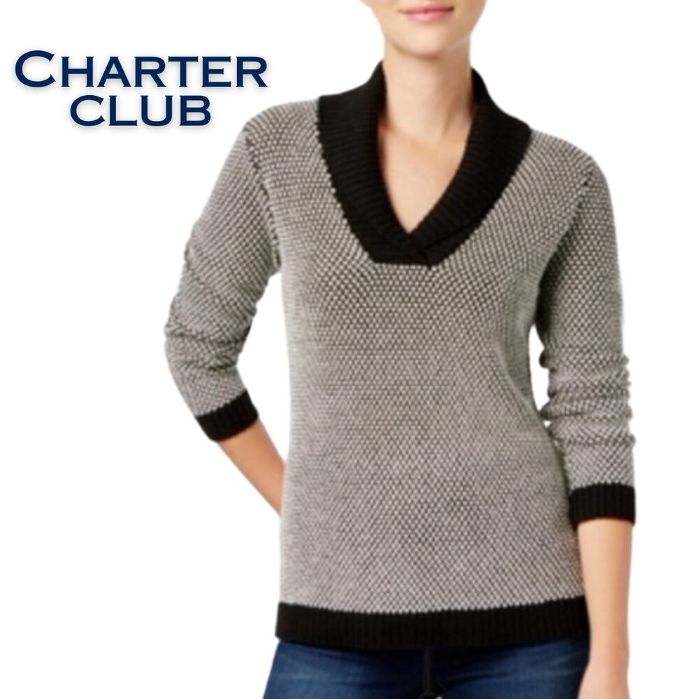 Charter Club Sweater 1X Black White & Silver Metallic Colorblock Shawl Collar